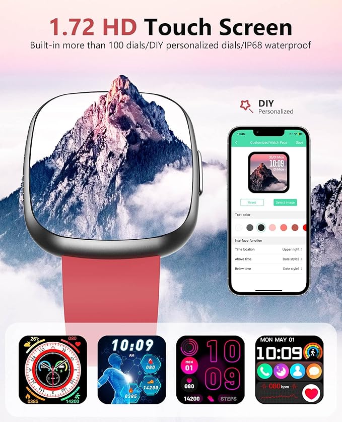 Smart Watch for Women Men,1.72" Super Retina HD Display Fitness Tracker, Heart Rate, Blood Oxygen, Sleep, Pressure Monitor, 135 Sports Modes, Waterproof Square Watch, Compatible with Android and iOS