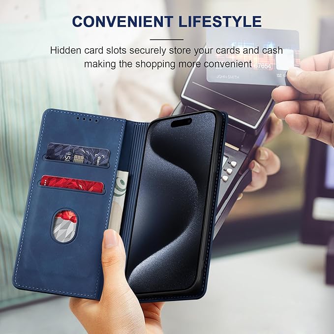 Jasonyu Flip Wallet Case for iPhone 15 Pro,Leather Magnetic Folio Cover with Card Holder,Kickstand - TPU Shockproof Durable Protective Phone Case,Blue