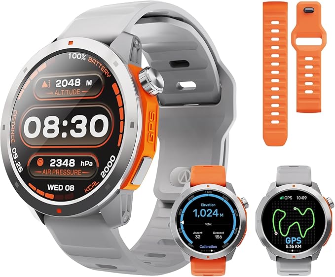 GPS Smart Watch for Men, 1.43'' AMOLED Smartwatch with Compass/Barometer/Altimeter, Heart Rate/Sleep Monitor, 30M Waterproof, 60+ Sports Fitness Tracker for Android/iOS, Gray & Orange (2 Bands)