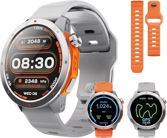 GPS Smart Watch for Men, 1.43'' AMOLED Smartwatch with Compass/Barometer/Altimeter, Heart Rate/Sleep Monitor, 30M Waterproof, 60+ Sports Fitness Tracker for Android/iOS, Gray & Orange (2 Bands)