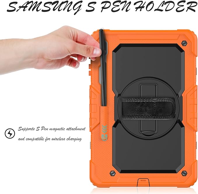 Tablet Case for Samsung Galaxy Tab S8 Plus 2022/S7 FE/S7 Plus 5G 12.4" [with 9H Tempered Glass Screen Protector],Rotating Kickstand/S Pen Holder/Shoulder & Hand Strap (Orange)
