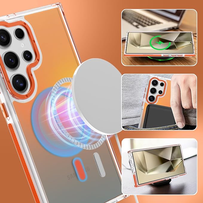 MOWIME Magnetic Case for Samsung Galaxy S24 Ultra [Compatible with Magsafe] [Cute Fashion Fluorescent Design] [1 Screen Protector] Slim Translucent Matte Case for Galaxy S24 Ultra 6.8", Orange