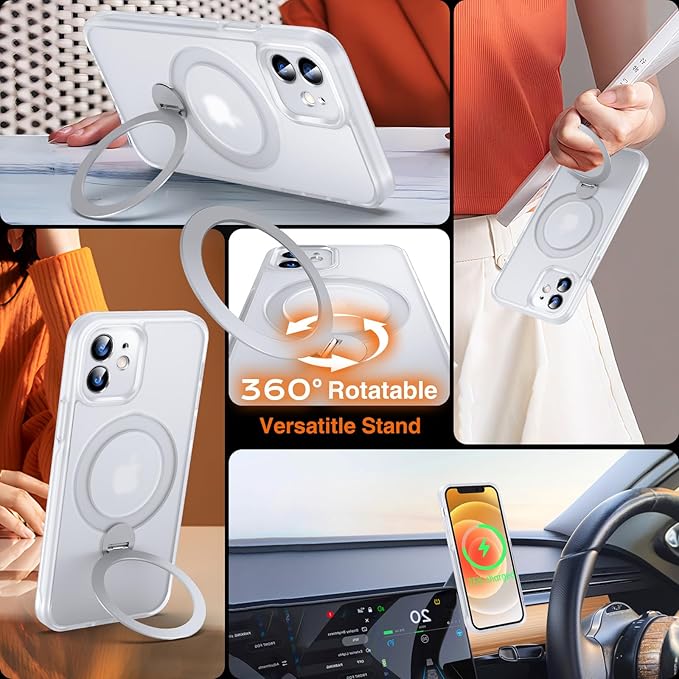 360° O-Ring MagStander for iPhone 12 Case, iPhone 12 Pro Case with Magnetic Stand Ring Holder [Compatible with MagSafe] [Military Shockproof] Kickstand iPhone 12/12 Pro Cover Matte Clear