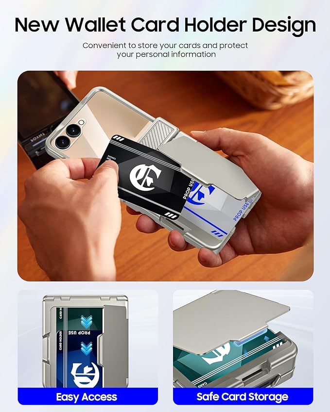 CENMASO for Samsung Galaxy Z Flip 7 Case Wallet Card Holder [RFID Blocking] & Hinge Protection & HD Screen Protector, Rugged Full-Body Cover Shockproof Phone Case for Z Flip 7-Natural Titanium