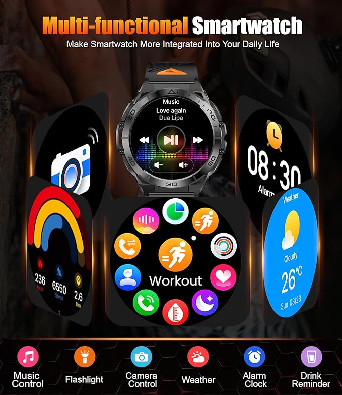 Smart Watch for Men Answer/Make Call for Android iPhone, 1.6" AMOLED HD Screen Mens Luxury Watch, 600mAh Heavy Duty Smartwatch 5ATM Waterproof/Heart Rate/Sleep Monitor Pedometer, 2 Straps