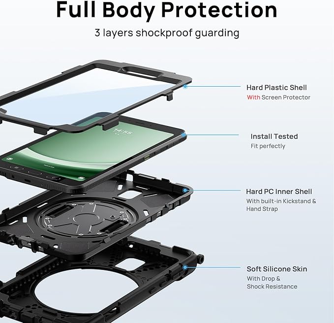 Gerutek Case for Samsung Galaxy Tab Active 5 2024/Active 3 2021 8 inch Tablet Case, Cover Protective Shockproof with Screen Protector, Pencil Holder, 360 Rotating Handle, Stand, Strap- Black