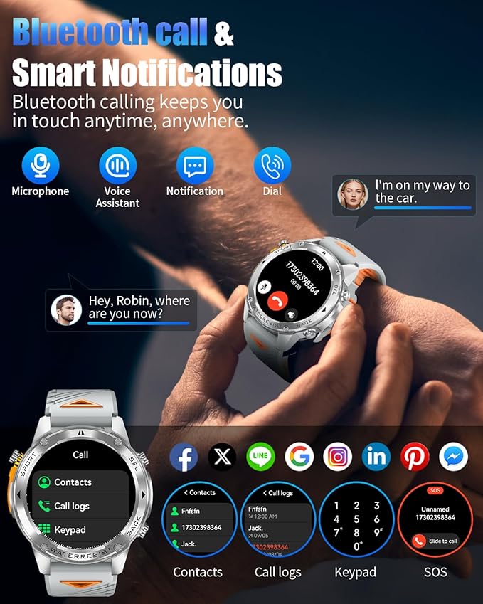 Military Smart Watch for Men with GPS, 1.43" AMOLED Smart Watch with Bluetooth Call, 5ATM Waterproof, 170+ Sports Modes, 500mAh Heart Rate/Sleep/SpO2 Monitor, Fitness Tracker for Android iOS