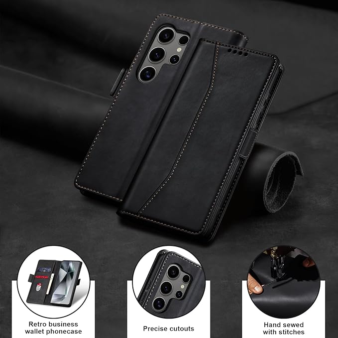 Jasonyu Flip Wallet Case for Samsung S24 Ultra 5G,Leather Magnetic Folio Cover with Card Holder,Kickstand - TPU Shockproof Durable Protective Phone Case,Black