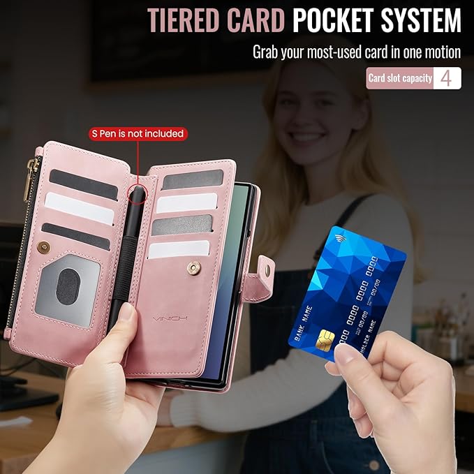 Vinich for Samsung Galaxy Z Fold 7 Wallet Case with Card Holder, Detachable Strap RFID Blocking Credit Slots Kickstand Shockproof Phone Cover for Women Men, Rose Pink