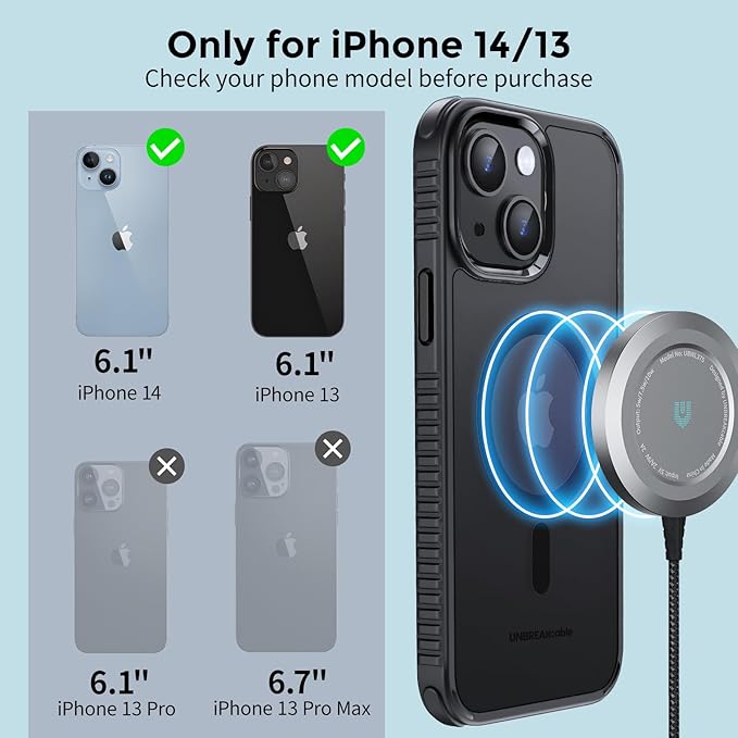 UNBREAKcable Case for iPhone 14 & iPhone 13, [Compatible with MagSafe] [Military Grade Shockproof] [Non-Slip] Translucent Matte Back and Soft TPU Edge Protective Case for iPhone 14/13 6.1", Black