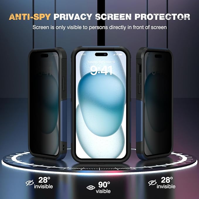 Diaclara Designed for iPhone 15 Case with Magnetic Ring, [with Privacy Screen Protector] [Anti Spy] [Military Grade Drop Protection] Heavy Duty Full-Body Shockproof Phone Case, Blue