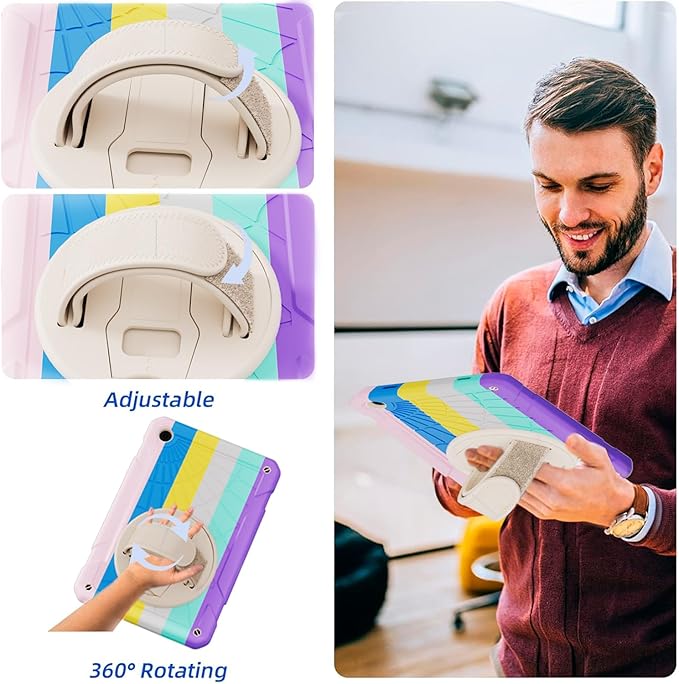 Case for Samsung Galaxy Tab A9 8.7 Inch 2023, 360° Rotating Stand, Hand Strap&Shoulder Strap Case for Samsung A9 Tablet(SM-X110/X115/X117) (Colorful Powder)