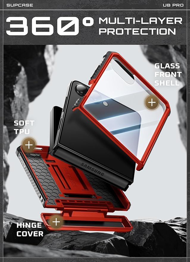 SUPCASE for Samsung Galaxy Z Flip 7 Case with Built-in Stand & Belt-Clip (Unicorn Beetle Pro), [Hinge Protection] [Front Tempered Glass Screen Protector] Full Body Military-Grade Phone Cover, Ruddy