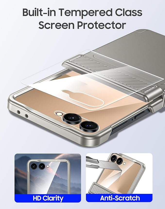 for Samsung Galaxy Z Flip 7 Case Wallet RFID Card Holder&Hinge Protection&HD Screen Protector, Full Body Shockproof Cover for Galaxy Z Flip 7(Natural Titanium)