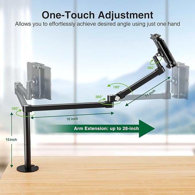 elitehood Long Arm iPad Desk Mount with Grommet Mounting Base, Heavy Duty Aluminum Tablet Holder for Desk, Swivel Arm Mount for iPad Pro 13/12.9 Air Mini, iPhone and 4.7-13in Tablets
