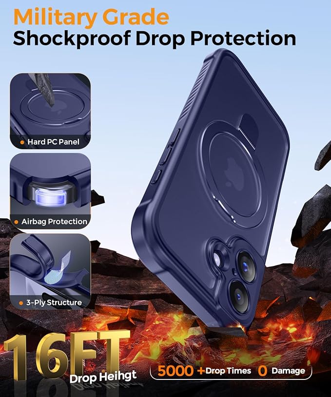 MOCCA Compatible with iPhone 17 Case with Magnetic Invisible Stand [Full Camera Protection] [Compatible with Magsafe] Military Drop Shockproof Translucent Matte Phone Case Cover 6.3",Deep Blue