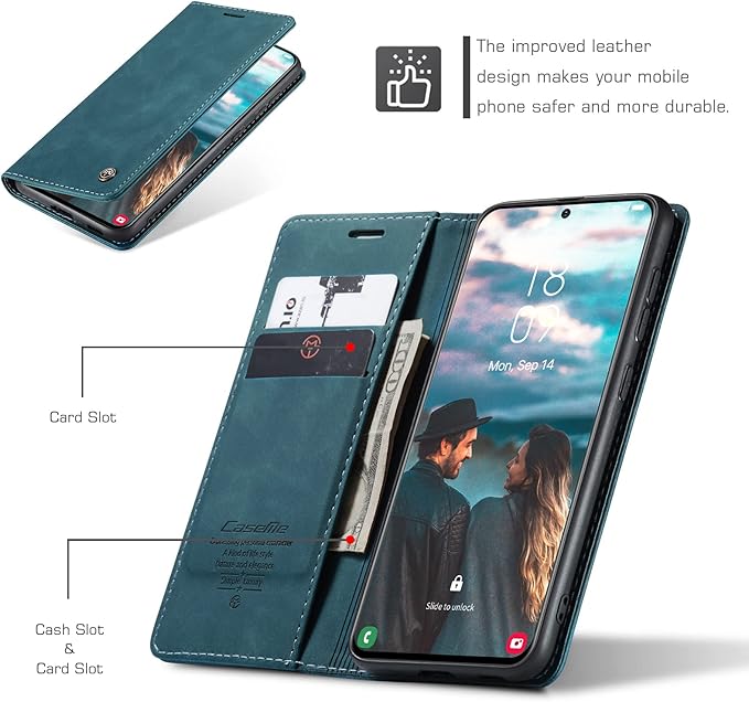 for Samsung Galaxy S21 FE Case, Flip Wallet Leather Case with Card Holder Magnetic Closure Shockproof Kickstand Protective Phone Cases Cover for Samsung S21 FE,Blue-Green