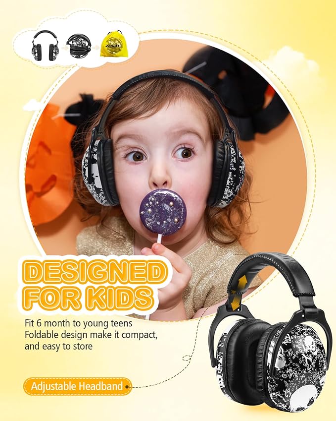 ZOHAN Kids Ear Protection 2 Pack, Hearing Protection Safety Ear Muffs for Children Have Sensory Issues, Adjustable Noise Reduction Earmuffs for Concerts, Fireworks, Air Shows(Nebula&SKULL)