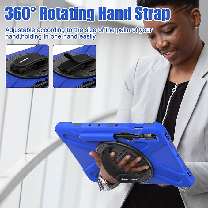 BRAECNstock for Samsung Galaxy Tab S10 Lite/ S10 FE/ S9 FE/ S9/ S8/ S7 5G Case 10.9"/ 11", Shockproof Protective Kids Case with Pencil Holder, Rotating Hand Strap & Stand, Shoulder Strap, Blue