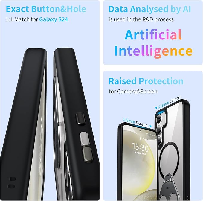 for Samsung Galaxy S24 Case,Compatible with Magsafe,with 360°Rotatable Magnetic Ring Stand Clear Slim Soft Edge Phone Kickstand,Clear & Black