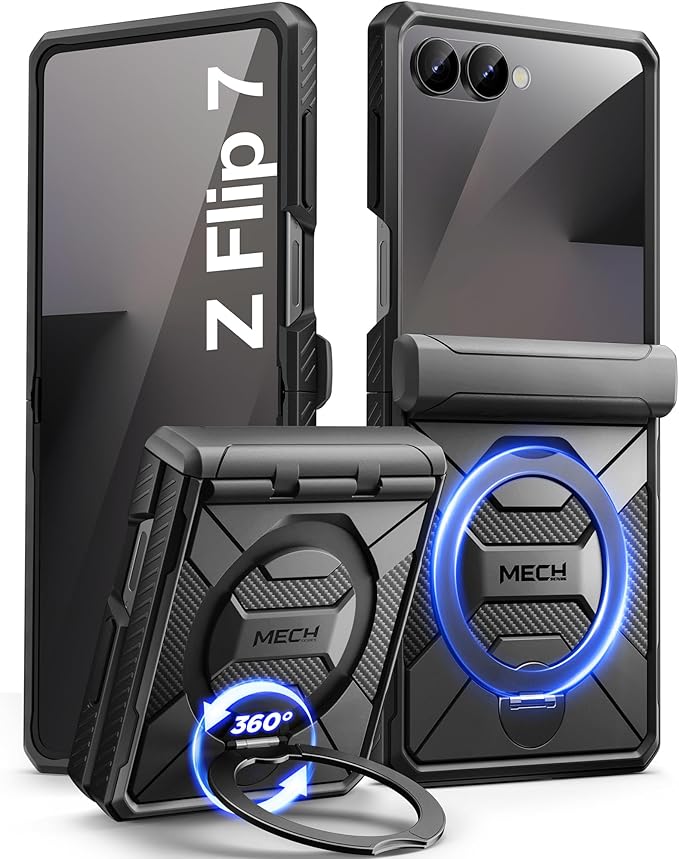TONGATE 360° Spin Magnetic Stand for Z Flip 7 Case with Screen Protector, [Compatible with Magsafe] [Anti Slip] Full-Body Shockproof Samsung Galaxy Z Flip 7 Case with Hinge Protection, Black