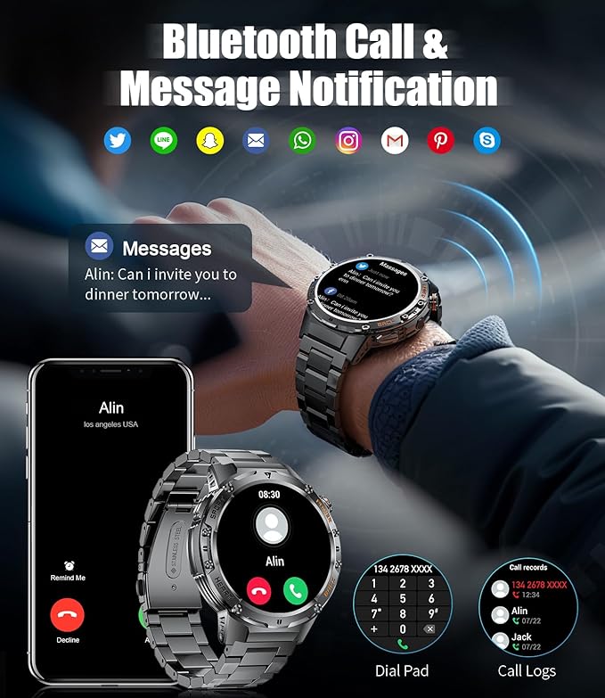 Military Smart Watch for Men, Flashlight 100+ Sports Modes Fitness Tracker Smartwatch, 1.43'' AMOLED Display, 5ATM Waterproof/Sleep Monitor, Mens Smart Watches for Android iOS