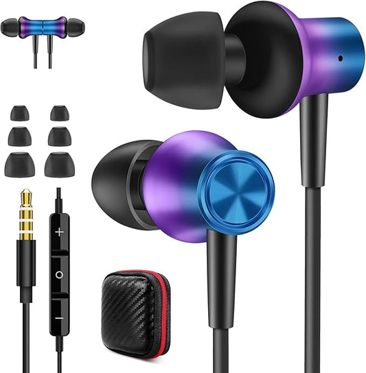 Jiunai 3.5mm Wired Earbuds Headphones School in Ear Built-in Mic Track Control Magnetic Noise Isolated Stereo S M L Ear Tips Tangle Free Earphone for iPhone iPad Android Tablet Travel Gradient Purple