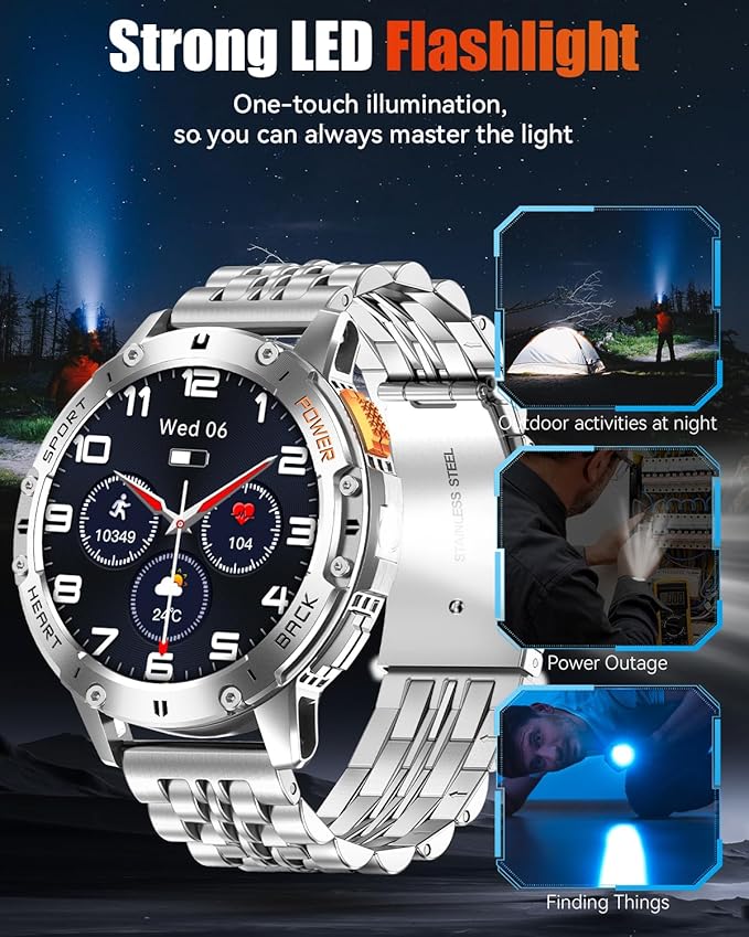 Military Smart Watches for Men with Bluetooth Call, 1.43" AMOLED Waterproof Smartwatch with Flashlight, 111 Sport Modes, 530mAh Heart Rate/SpO2/Sleep Monitor Fitness Tracker for Android iOS