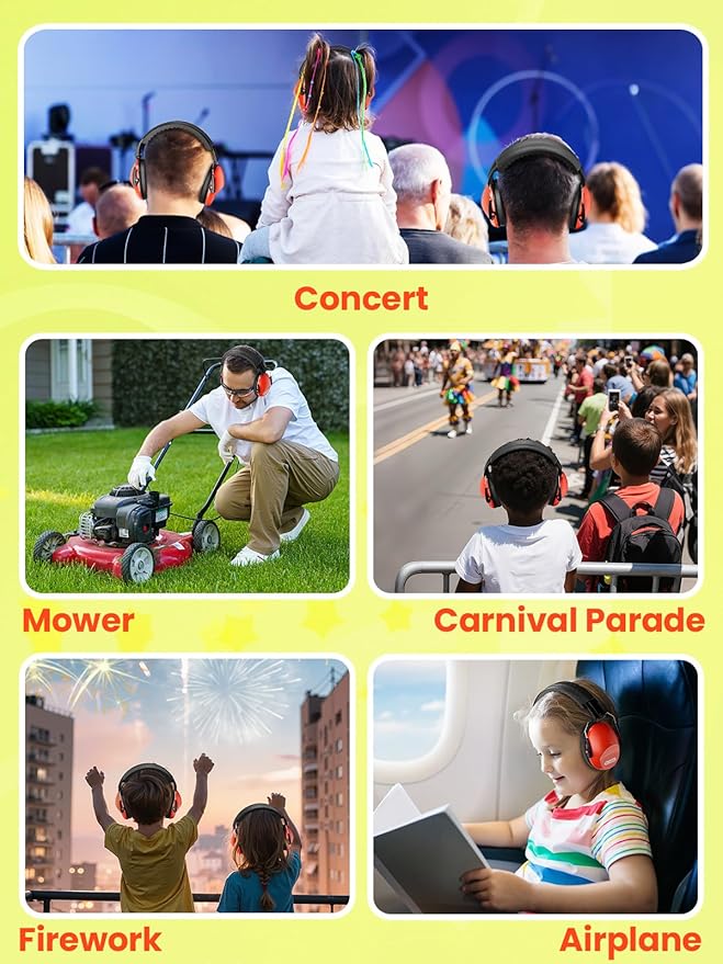 Dr.meter Ear Muffs for Noise Reduction: 27.4SNR Noise Cancelling Headphones for Kids Adults, EM100 Adjustable Hearing Protection Earmuffs for Monster Jam, Autism Sensory, Concerts, Fireworks Orange