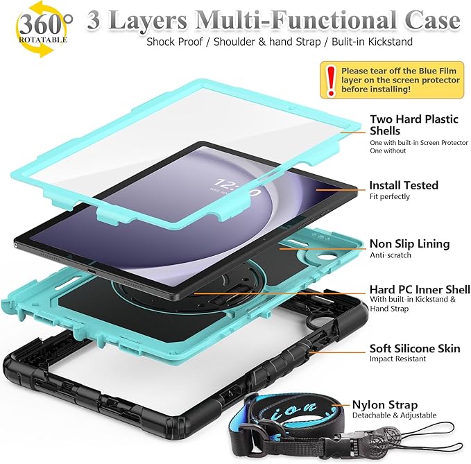 SEYMAC stock Case for Samsung Galaxy Tab A9 8.7'', Full-Body Drop Protection Case with Screen Protector Pencil Holder [360° Rotating Hand Strap] &Stand, SkyBlue+Black