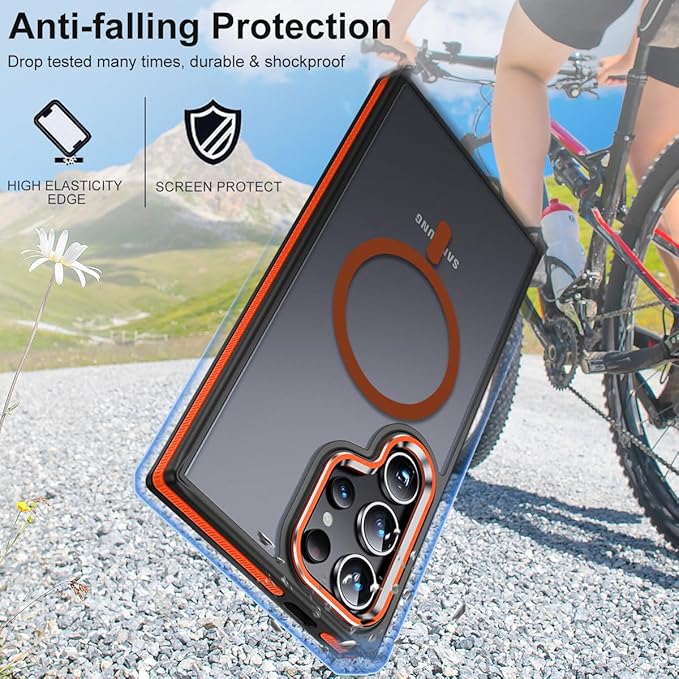 for Samsung Galaxy S24 Ultra Case, Magnetic Phone Case Compatible with Magsafe, Anti-Slip Drop Protection Translucent Cover for Galaxy S24 Ultra (Black/Orange)