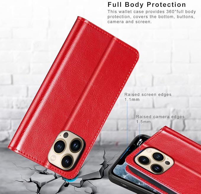 Belemay Compatible with iPhone 14 Pro Wallet Case-Genuine Leather Flip Phone Case-RFID Blocking Card Holders-Shockproof TPU Shell Folio Book Cover Women Men Compatible with iPhone 14 Pro (6.1") Red