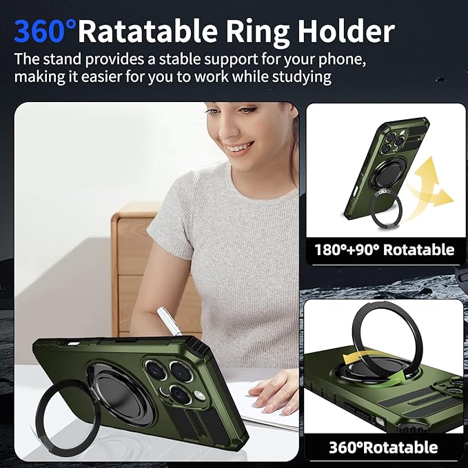 for iPhone 16 Pro Case Magnetic Compatible with Wireless Charging,16 Pro Phone Case with 2 Screen Protector,Built-in Kickstand Ring Military Grade Drop Shockproof Heavy Duty Protection Green