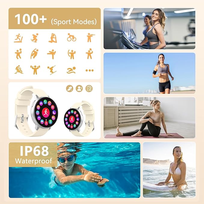 Smart Watch for Men Women Fitness Tracker with 100+ Sport Modes,Activity Trackers for iOS/Android Waterproof/Heart Rate/Sleep/Steps Monitor/Pedometer Monitor Monitor (Silver+Beige)