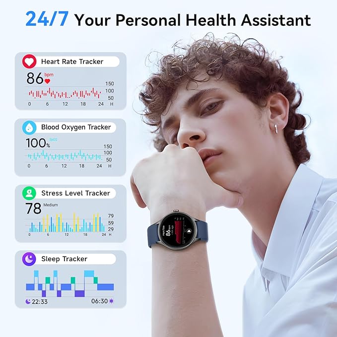 Fitpolo Smart Watches for Men/Women, 40mm Round Smartwatch Fitness Tracker with Bluetooth Calls (Make/Answer), Heart Rate/SpO2/Sleep Monitor, 7 Days Battery, IP68 Waterproof - Blue