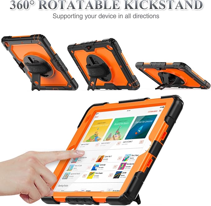 SEYMAC stock Case for iPad 9th/ 8th/ 7th Generation 10.2'', Shockproof with Screen Protector, Pencil Holder [360° Rotating Hand Strap] & Stand, for iPad 10.2 inch 2021-2019 (Brightorange)