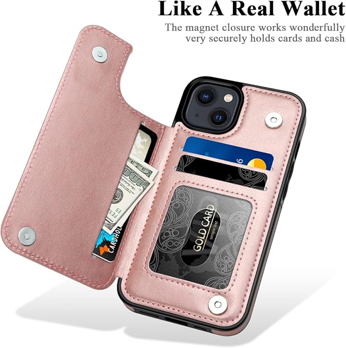 MMHUO for iPhone 15 Case with Card Holder, Flower Magnetic Back Flip Case for iPhone 15 Wallet Case for Women, Protective Case Phone Case for iPhone 15,Rose Gold