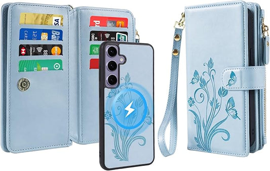 Lacass for Samsung Galaxy S24 Case Wallet,Compatible with MagSafe 2 in 1 Magnetic Detachable PU Leather RFID Blocking Wallet Cover Card Holder Zipper Wrist Strap Lanyard,Floral Sky Blue