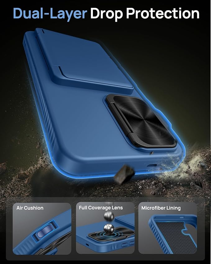 for Samsung Galaxy S25+ Plus Case with Card Holder, Built-in Stand & Camera Lens Cover, Shockproof Rugged Silicone Raised Edge Protective Wallet Phone Case for Samsung S25+ Plus 2025, Blue
