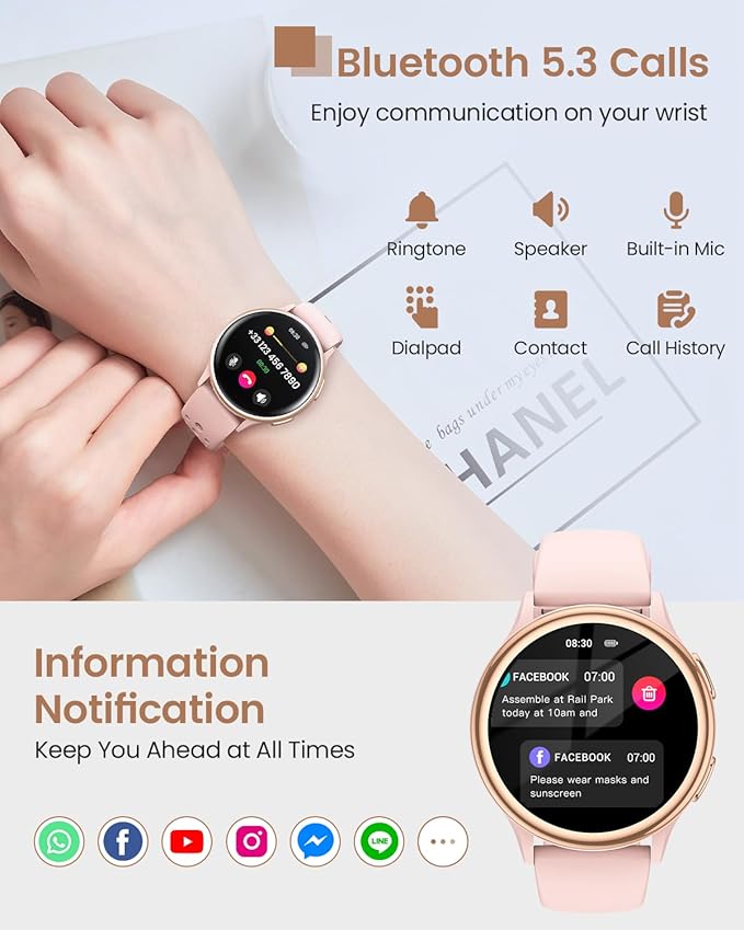 Smart Watches for Women,1.27'' Smartwatch with 70+ Sport Modes, 400+ Watch Face, 24/7 Heart Rate, Sleep Monitor, Answer/Make Calls, Waterproof Activity Fitness Tracker Watch (Pink)