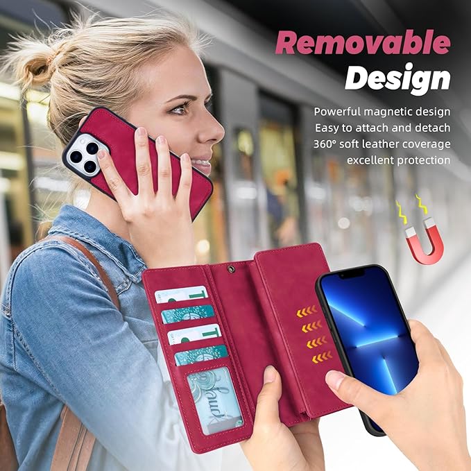 TwoHead for iPhone 13 Pro Wallet Case with Card Holder & Detachable Magnetic Phone Case, PU Leather Shockproof Protective Cover,Wrist Strap(6.1 in,Wine Red)