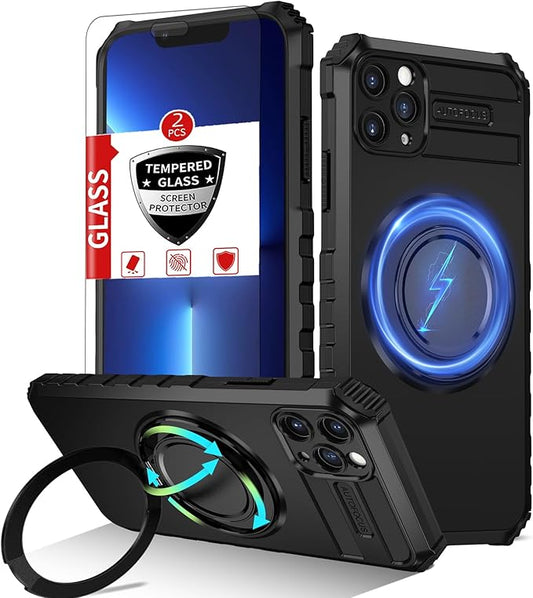 for iPhone 13 Pro Case Compatible with MagSafe Magnetic Wireless Charging,with 2 Screen Protectors,Built-in Stand Ring,Military Grade Drop Shockproof Heavy Duty Protection Phone Bumper Black