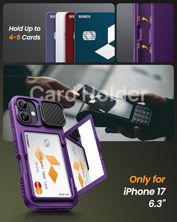 for iPhone 17 Case, Built-in Card Holder & Stand & Lens Cover, Military Grade Drop Tested Soft Silicone Edge Rugged Kickstand Protective Wallet Phone Case for iPhone 17 2025, Purple