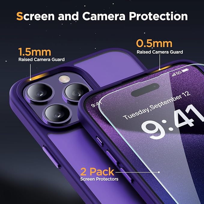 Miracase Magnetic for iPhone 15 Pro Case 6.1 inch (Compatible with MagSafe)（with 2X Screen Protectors） Military-Grade Protection, Anti-Fingerprint Translucent Matte Phone Cover, Dark Purple