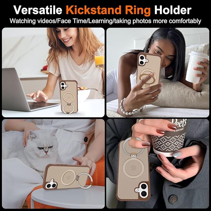Magnetic Compatible with iPhone 16 Case with Stand [Military Grade Drop Tested][Compatible with Magnet] Ring Translucent Slim Hard Back Soft Edge, Desert Gold