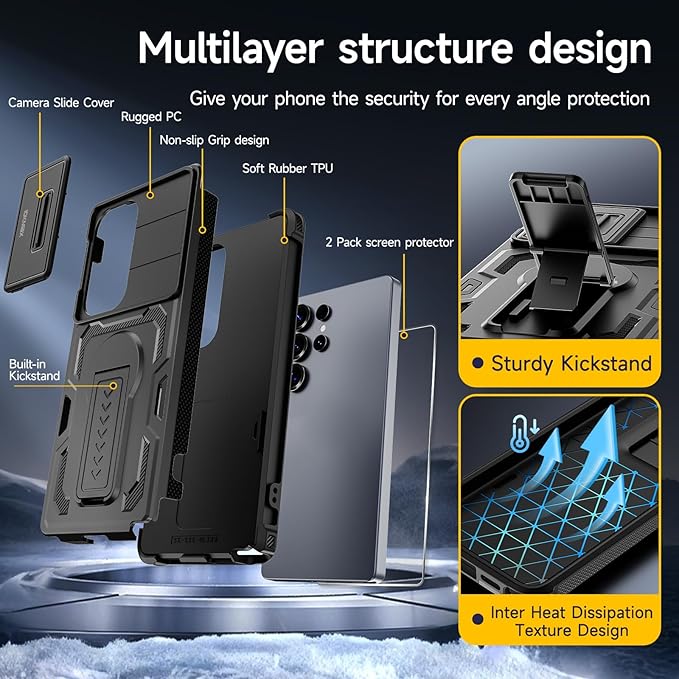 for Samsung Galaxy S25 Ultra Case with 2*Screen Protector, Slide Camera Cover, Kickstand, Lanyard Strap, Military Grade Shockproof Protective Heavy Duty Non-Slip for S25 Ultra Case-6.9'', Black
