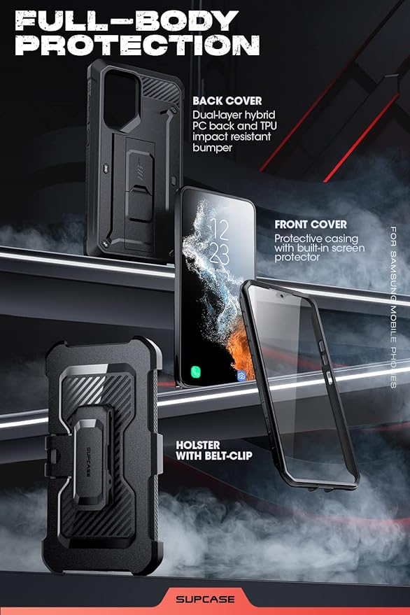 SUPCASE for Samsung Galaxy S22 Ultra Case with Stand, [Unicorn Beetle Pro] [2 Front Frames] [Built-in Screen Protector & Belt-Clip] Military-Grade Protection Phone Case for Galaxy S22 Ultra, Black