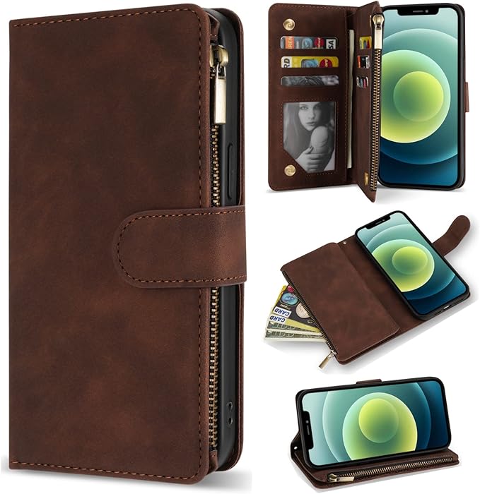 ZZXX for iPhone 12 Mini Wallet Case with Card Slot Premium Soft PU Leather Zipper Flip Folio Wallet with Wrist Strap Kickstand Protective for iPhone 12 Mini Case Wallet(Coffee 5.4 inch)