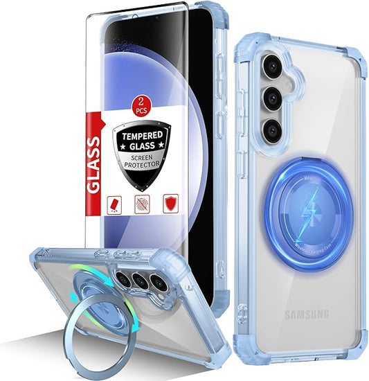 for Samsung Galaxy S23 FE Case Magnetic Compatible with MagSafe,with 2 Screen Protector,Built-in Camera Cover+Stand Ring,Military Grade Drop Shockproof Heavy Duty Protection Phone Bumper Blue
