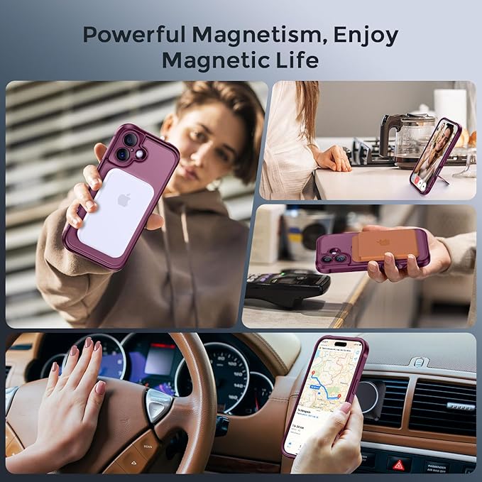 MOCCA Compatible with iPhone 17 Case with Magnetic Invisible Stand [Full Camera Protection] [Compatible with Magsafe] Military Drop Shockproof Translucent Matte Phone Case Cover 6.1",Wine Red